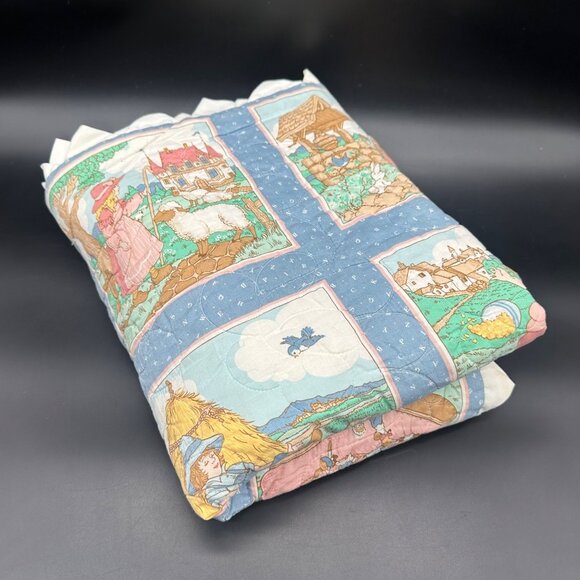 Vintage Mother Goose Nursery Rhyme Baby Quilt Blanket 1990s Handmade Retro - Picture 1 of 11